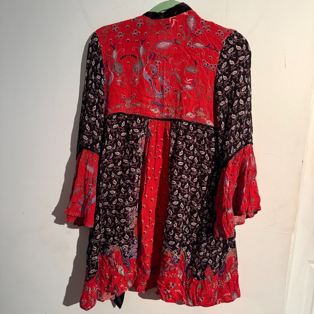 Angie Medium Boho Floral Kimono Cardigan Patchwork Velvet Trim Festival Artsy - Picture 6 of 6